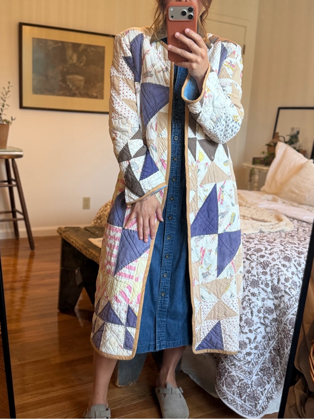 Hand Crafted Quilted Patchwork Trench Coat in Cream, Purple, Tan
